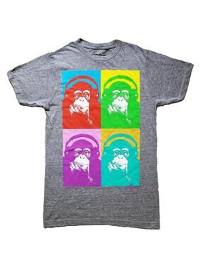 Steez Monkey Headphones Graphic T-Shirt Men's Gray Pop Art - NEW